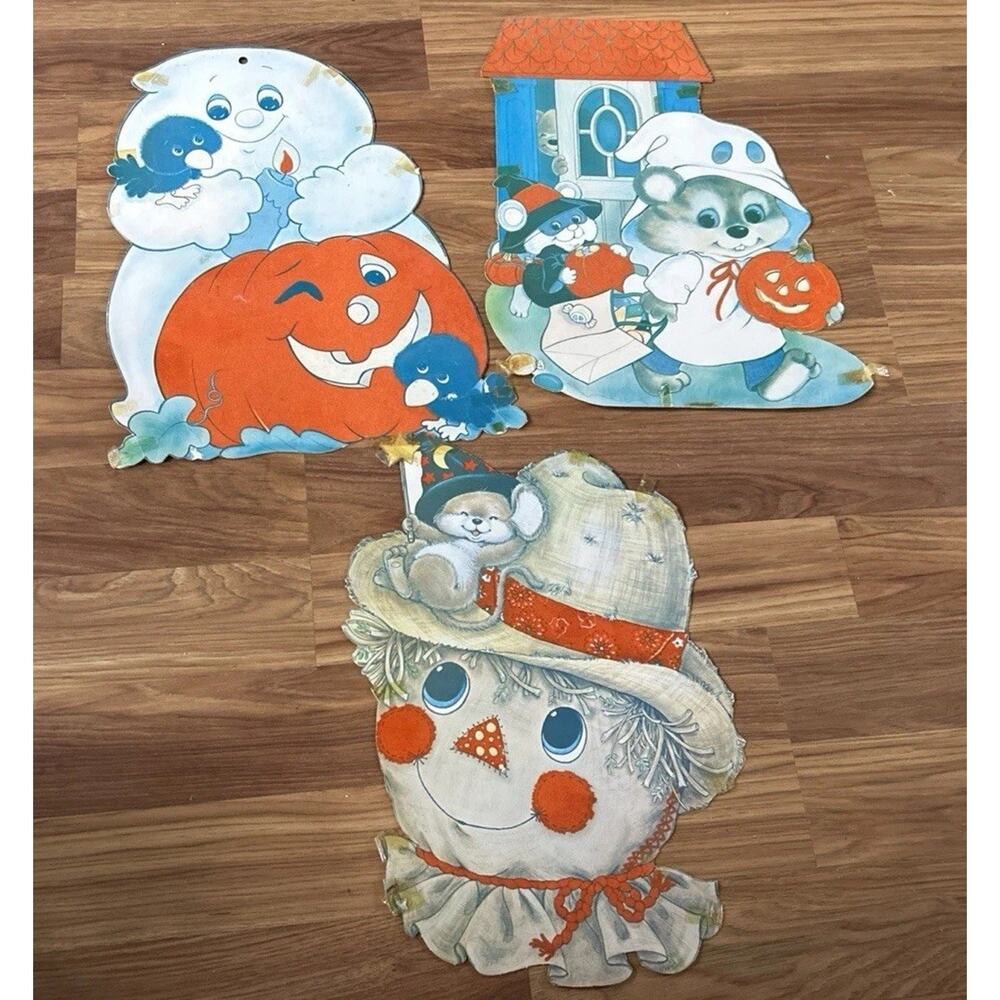 3 Vintage Halloween Flocked Die Cut Decor Ghost Pumpkin Scarecrow Mice Crow SOFT